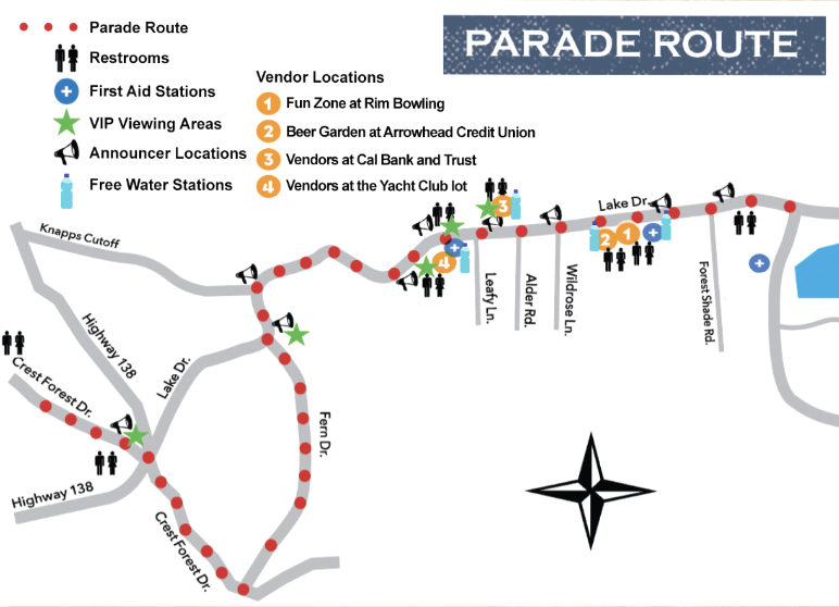 Parade route map with locations and services marked.